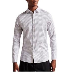 Ted Baker Men's Dress Shirt Willuw Button Up White Blue Geo Hash Print Medium